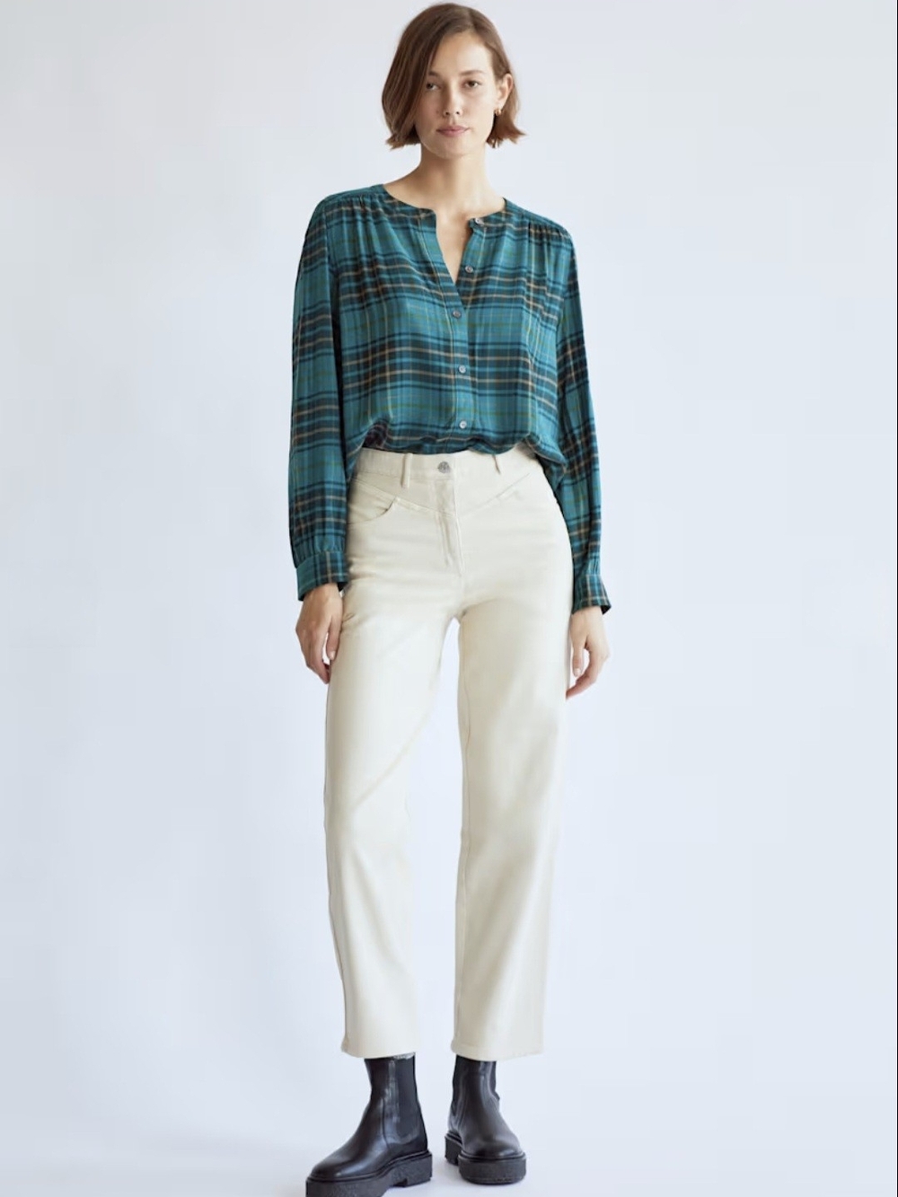 Wilfred Free Aritzia Teal Plaid Button Down Blouse Dark Academia Coquette Small - Picture 2 of 10